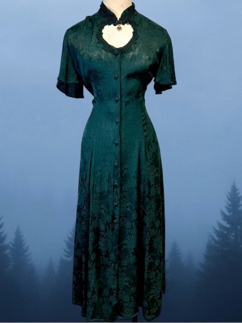 Elegant Vintage Dark Emerald Green Button-Front Victorian Inspired Jody Dress